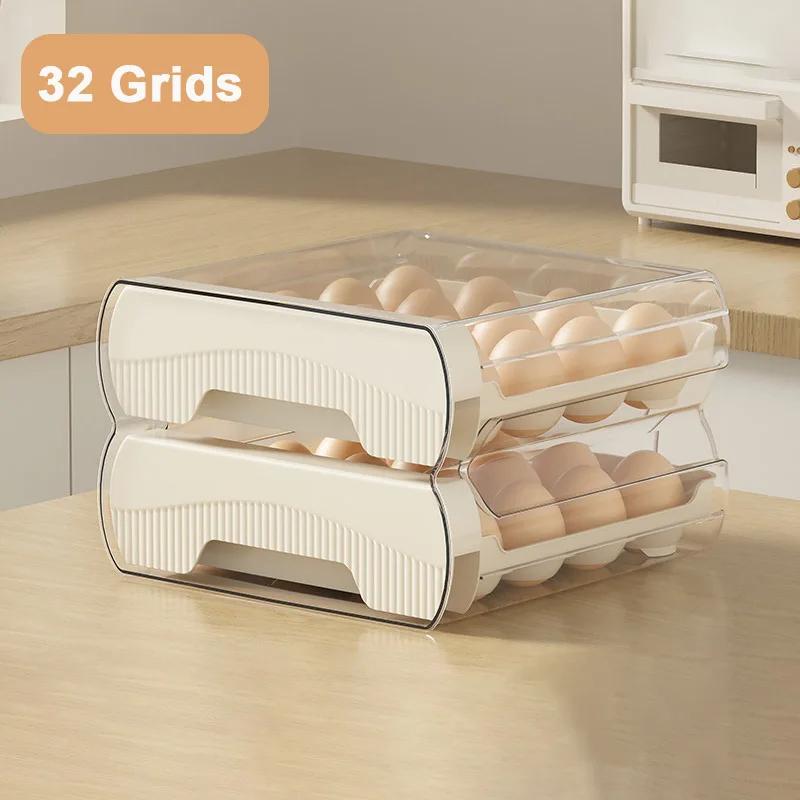 16/32 Grids Egg Storage Containers Double-Layer Pull-Out Drawer Egg Storage Box Plastic Egg Storage Tray Kitchen Accessories