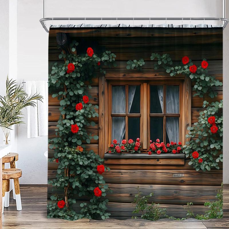 Rustic Landscape Shower Curtains Forest Lake Flowers Vintage Wooden Door Garden Scenery Fabric Home Bathroom Curtain Decor Set