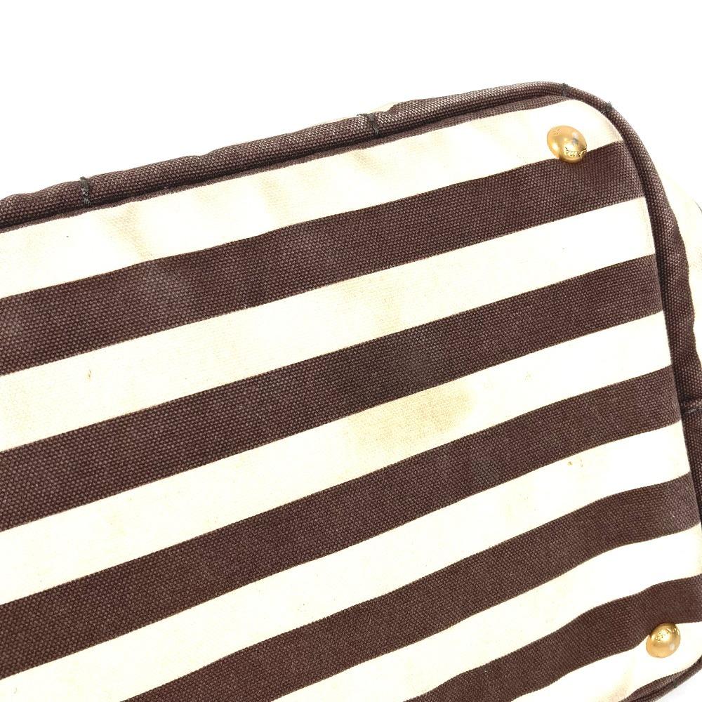 Prada Canapa Logo Border Bag Tote Bag Hand Bag Canvas Brown/White