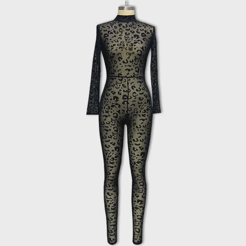 Women's European & American Style See-Through Slim Long Sleeve Flocking Jumpsuit