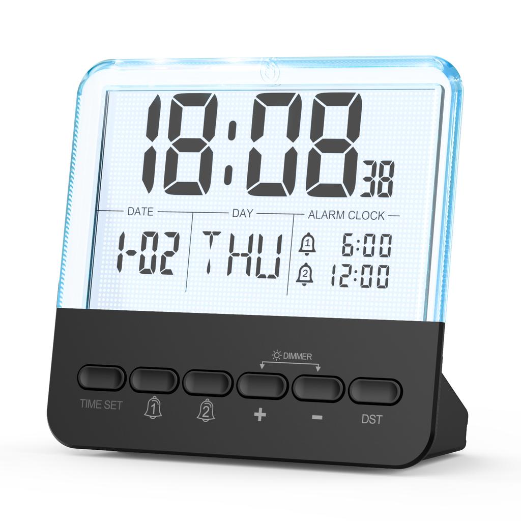 Clean Button Layout Modern Ambient Lighting with 7 Color Two Independent Alarms LCD Alarm Clock Ideal for Home Office
