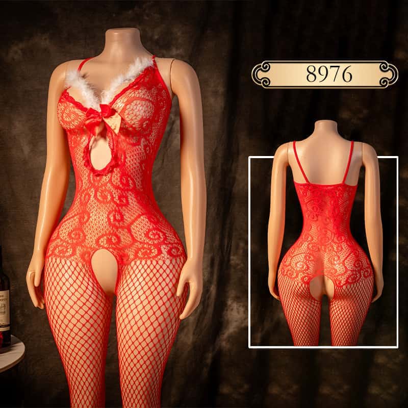 Women Christmas Red Santa Claus Cosplay Costumes Fishnet Lingerie Body Stockings Exotic Adult See Through One-pieces BodySuit Erotic Bodystocking Sexy