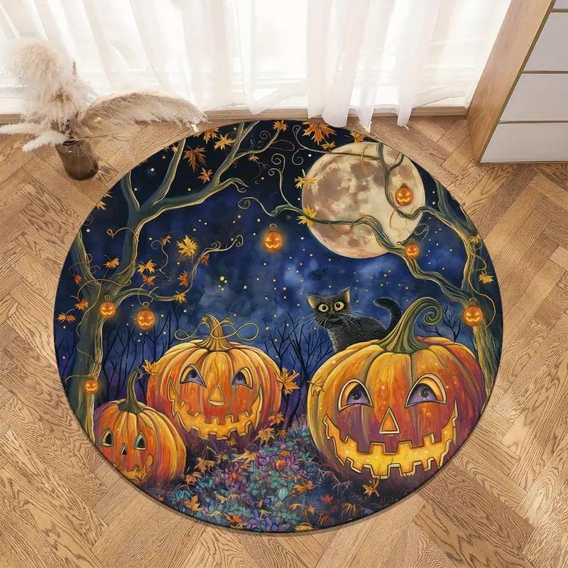 Halloween Pumpkin Print Round Carpet Rug for Living Room Bedroom Children's Room Kids Play Non-slip Floor Mat Halloween Gift
