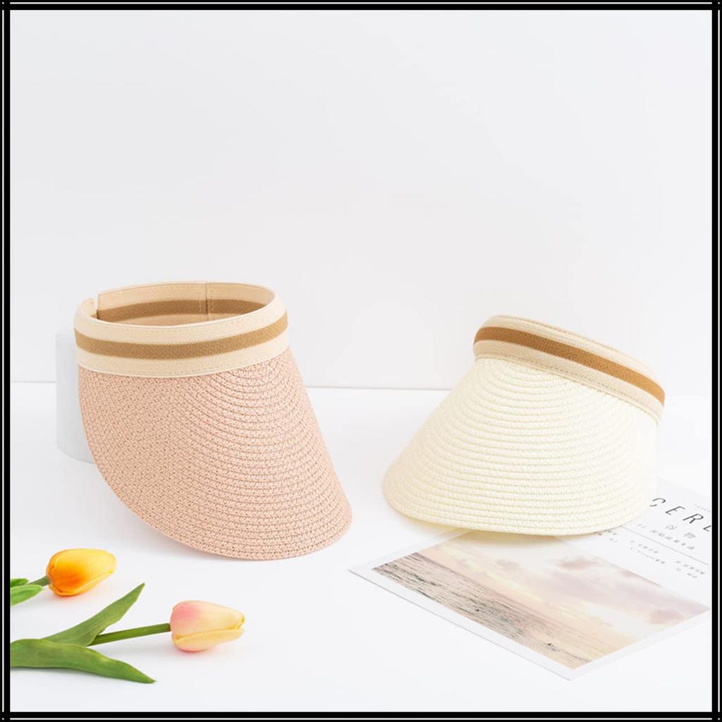 Straw Sun Visor Hat Stylish Long Brim Cap for Women CA553 [White Fang] (Black)