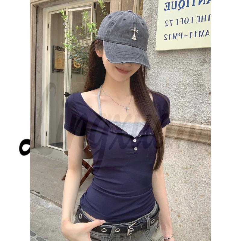 Women s Retro V-Neck Spicy Girl Slim-Fit Two-Piece Look Short-Sleeve Top Large