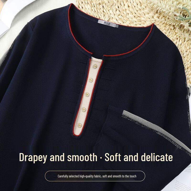 SNOWFLYING Women s Round Neck Color-Block Knit Seven-Sleeve Top M