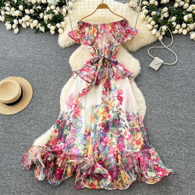 Sexy Chiffon Bedrukt High-end Driedimensionaal Gerimpeld Taille-cinching Afslankend Jurk voor Vrouwen