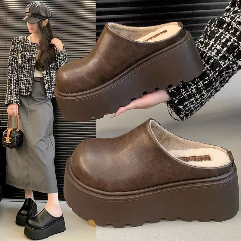 Height-increasing Thick-soled Cotton Slippers Women's Half-tow Bag Head Slippers Autumn and Winter Outer Wear 2025 New Popular Internet Celebrity Blac