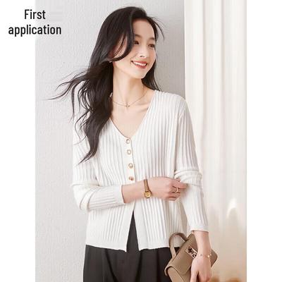 Women's V-Neck Knit Cardigan with Metal Buttons