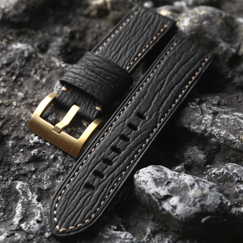 Classic Sharkskin Genuine Leather Watch Band 20 22 24MM Bronze Watch Accessories Buckle, High-end Genuine Leather Bracelet, Pure Bronze