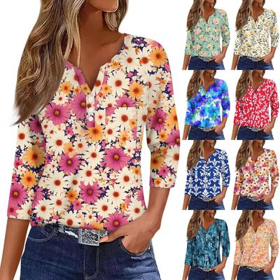 Moda Casual para Mujer Cuello en V Holgado Versátil Estampado Floral Mangas Tres Cuartos