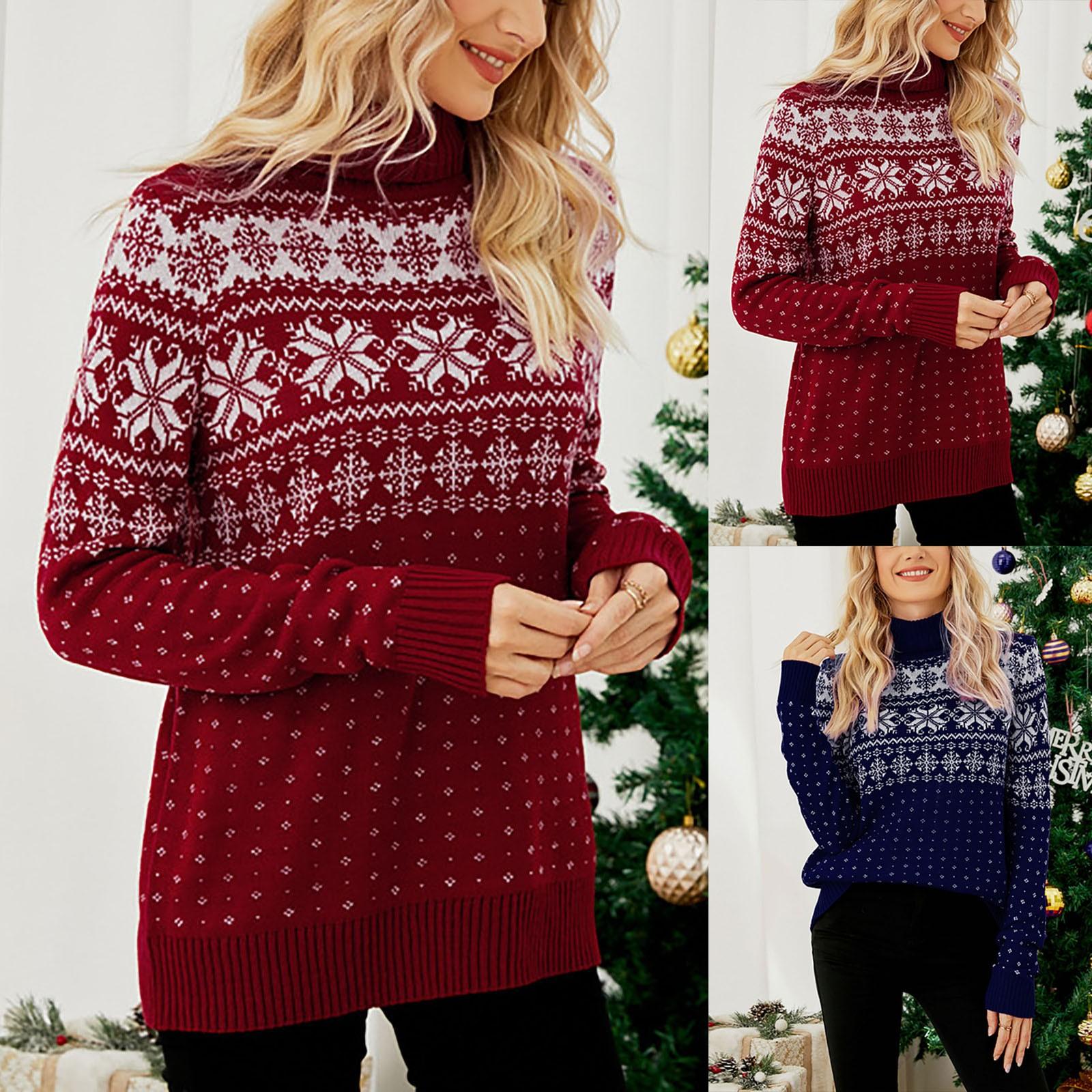

Women s Fashion Snowflake Knitted Christmas Pullover Turtleneck Sweater