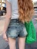 Women's High Waist Elastic Denim Shorts - Irregular Slanted Hem, Petite Fit, Casual Versatile Summer Hot Pants