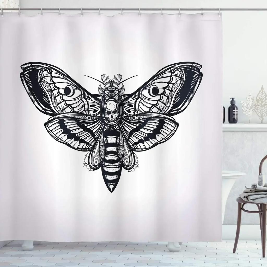 Gold Moth Moon Phase Shower Curtain Gothic Black Butterfly Moonlit Bath Curtain Psychedelic Tarot Bath Curtains Bathroom Sets