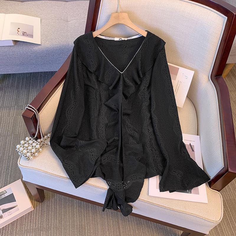 

Женские топы с длинными рукавами больших размеров на весну и лето, кружевная шифоновая блузка, жаккардовые ажурные топы 6XL