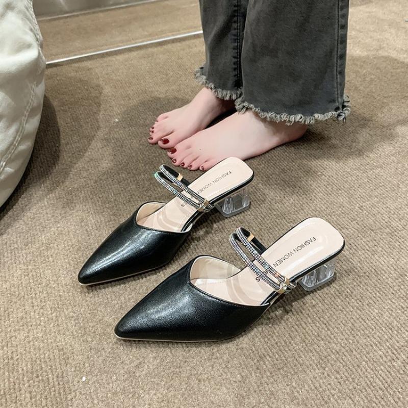 Fashion pointed high heels summer new thick heel solid color rhinestone sandals daily casual lady bag head slippers