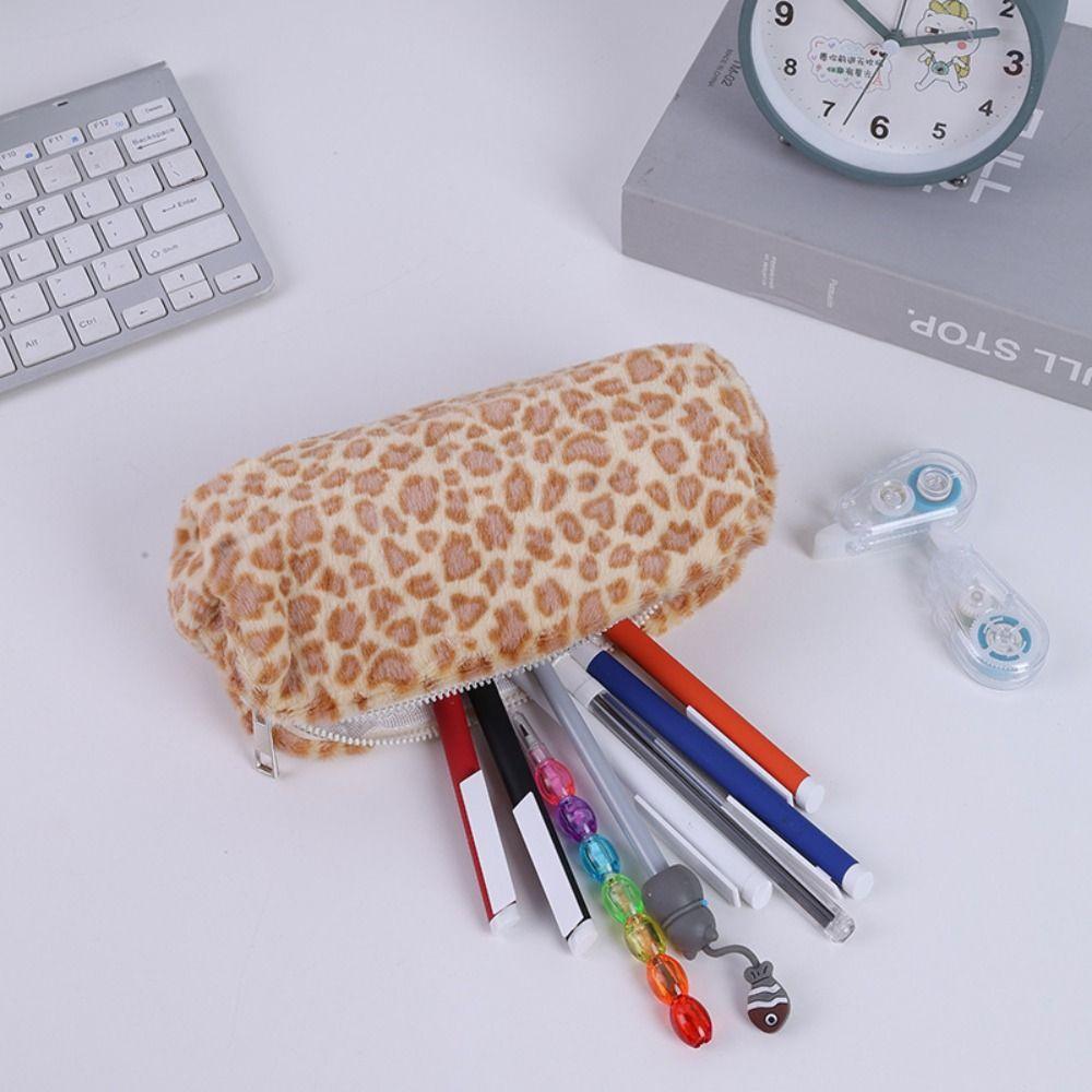 New Leopard Printted Pattern Pen Bag Large Capacity Students Pencil Case Soft Plush Stationery Storage Bag Back To School Gift