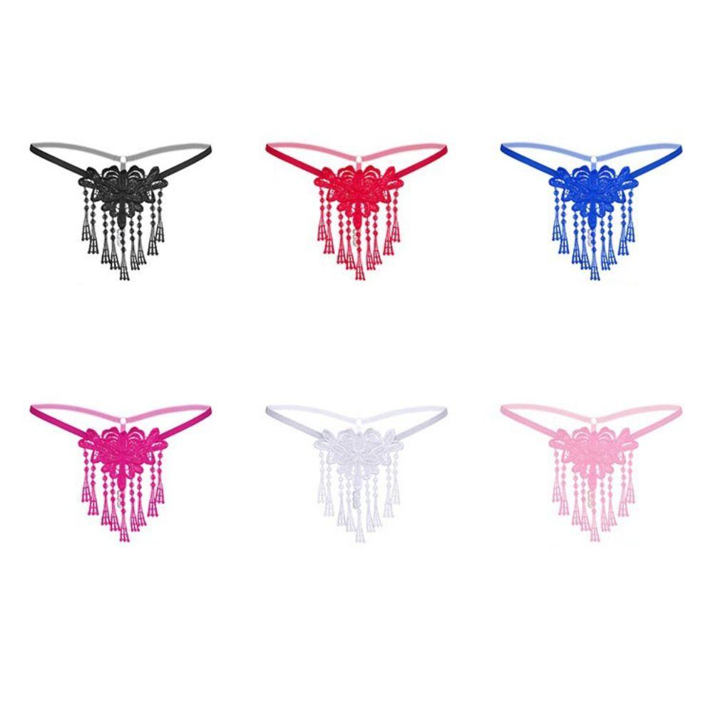Tassel Lace Flower Panties Pearl Transparent T-Pants Cute Mesh Thongs  Women