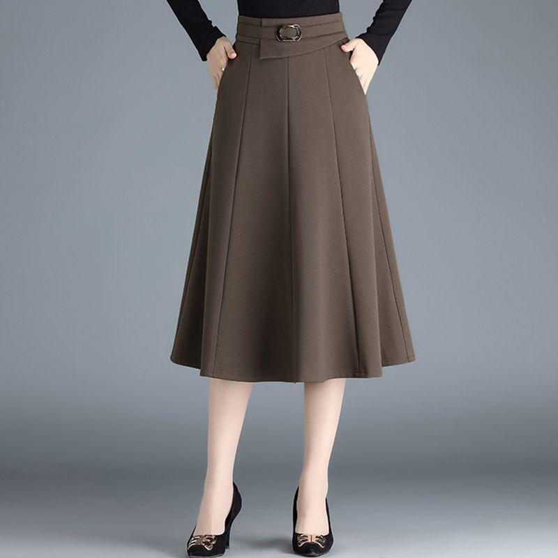 Women's Black High-Waisted A-Line Midi Skirt with Belt Solid Color Flared Office Casual Knee-Length Skirt