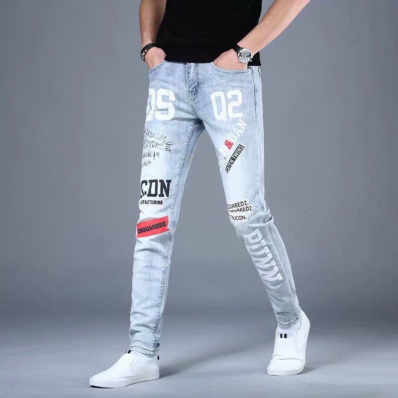 Men's Trendy European Light Blue Slim Jeans - Spring/Autumn Korean-Style Printed Skinny Trousers