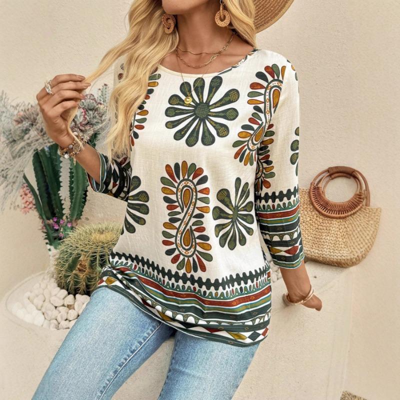 New Summer Women's Casual Loose and Versatile Round Neck Printed Three-quarter Sleeve Top