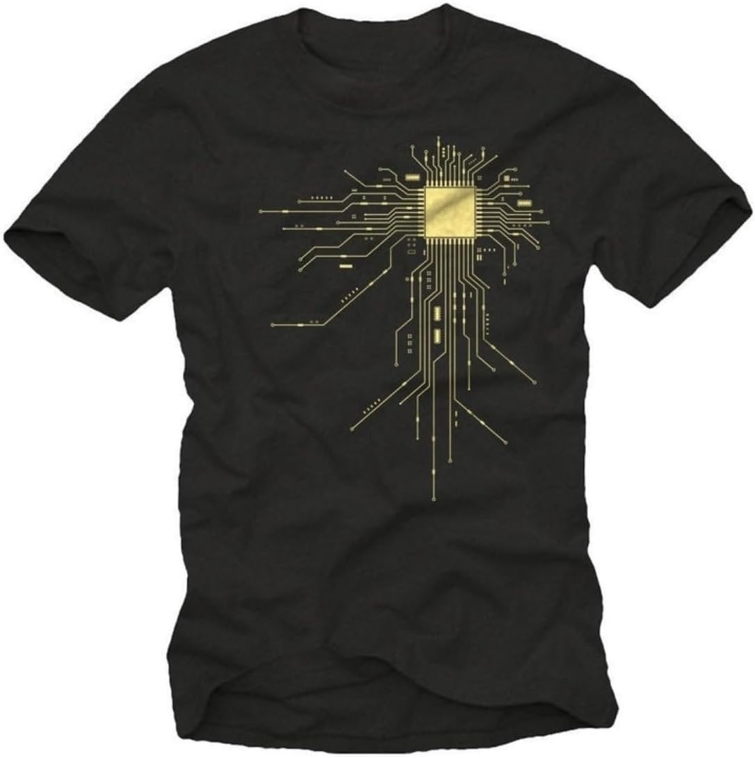 Men s Cool Black T-Shirt with Gold CPU Circuit Board Graphic - Ideal Gamer Gift for Computer Geeks S разноцветный