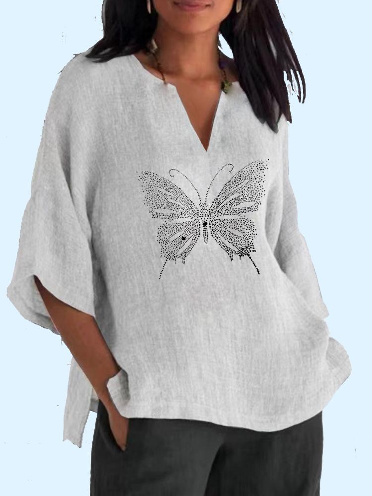 

Женская модная рубашка с длинным рукавом с принтом 3/4 и V-образным воротником, хлопковый льняной топ, женские повседневные свободные блузки L белый