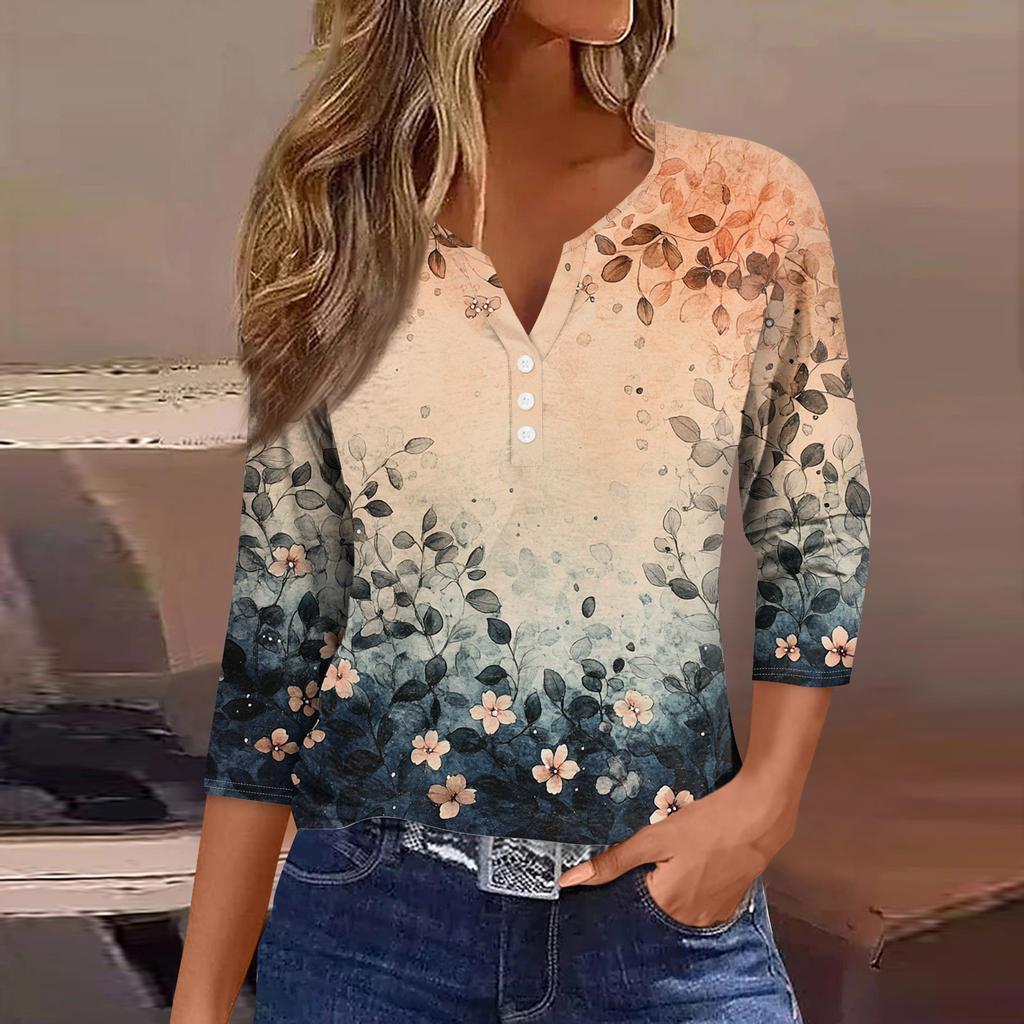 Lockeres, lässiges Oberteil mit Blumenmuster für Damen, V-Ausschnitt und Siebenviertelärmeln