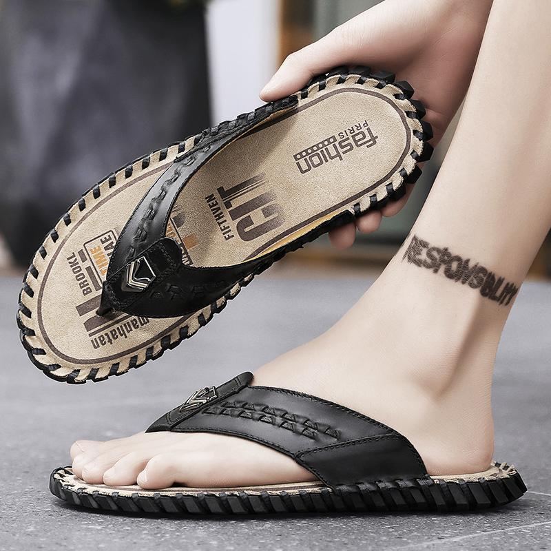 2024 Trend Summer Men Flip Flops Slippers Handmade Leather Light Comfortable Beach Flats Indoor Sliper Outdoor Men's Flip Flop