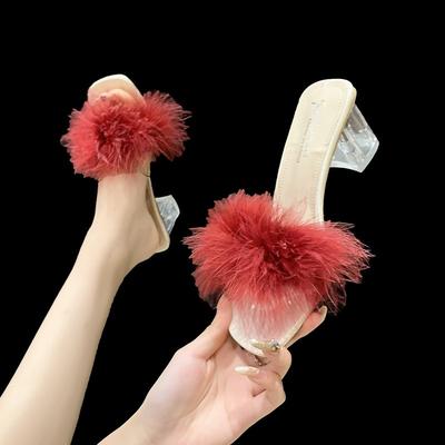 Pantofole, Tacchi Alti Estivi, Tacchi Spessi, Pantofole a Una Riga, Scarpe Pelose, Scarpe da Donna
