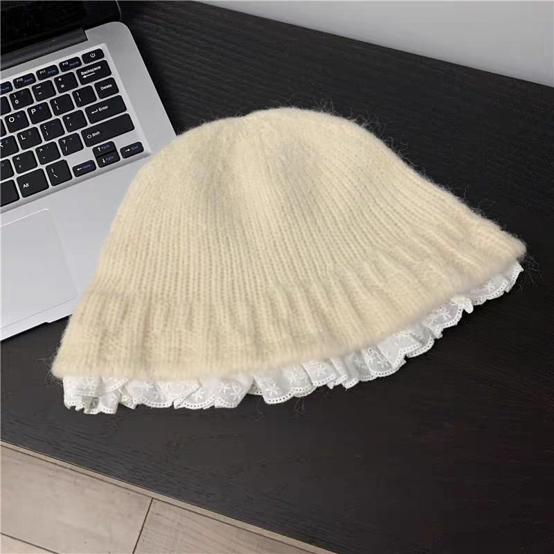 Lace lace black knitted bucket hat women's autumn and winter face small wool hat big head circumference plush hat