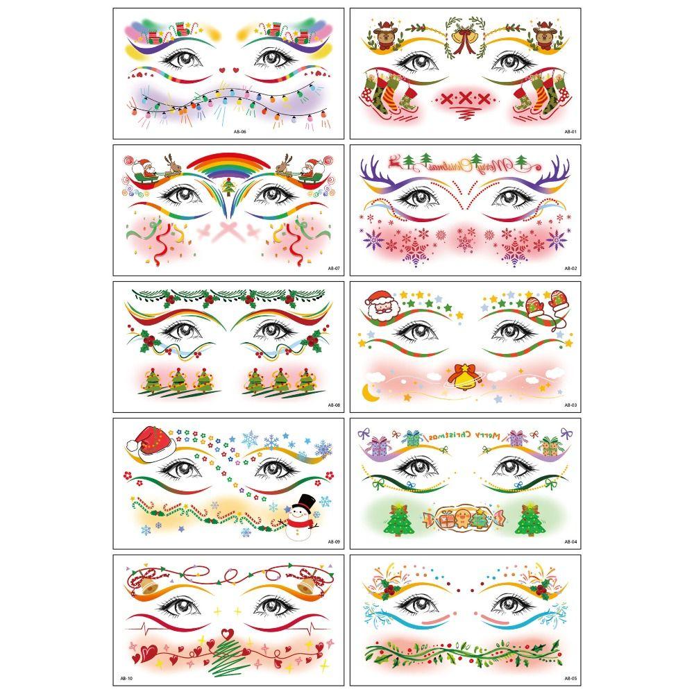10Pcs Santa Claus Christmas Face Tattoo Sticker Waterproof Elk Christmas Makeup Stickers Face Art DIY Temporary Tattoo
