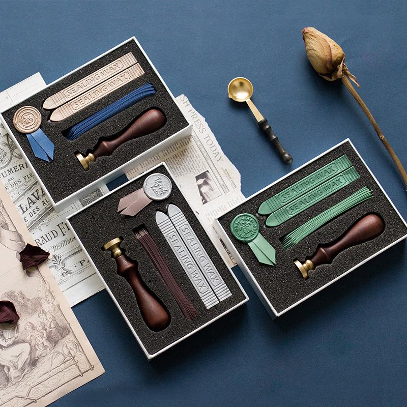 1 Set Creative Wax Seal Set DIY Handmade Ribbon Envelope Gift Seal Vintage Wooden Invitation Letter Seal Wedding Stamp Gift