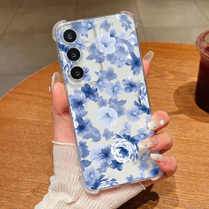S25 Ultra Case Blue and White Flowers Pattern Clear Soft Cover For Samsung Galaxy S25 Edge S24 Ultra S23 S22 Plus S21 FE Capa Funda
