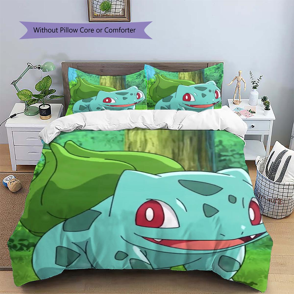 

Bulbasaur Patterned Pillowcase & Duvet Cover Set Anime Printed Theme Bedding for Bedroom Decor Great Gift for Anime .-TING 135x200cm