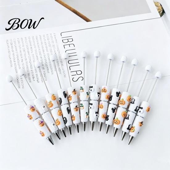 Smooth Writing Beaded Pens Halloween Rhinestone Beadable Pen, DIY Sparkly Cat Pumpkin Ghost Plastic Handmade Gift Glitter Black Ink Ballpoint Pen for