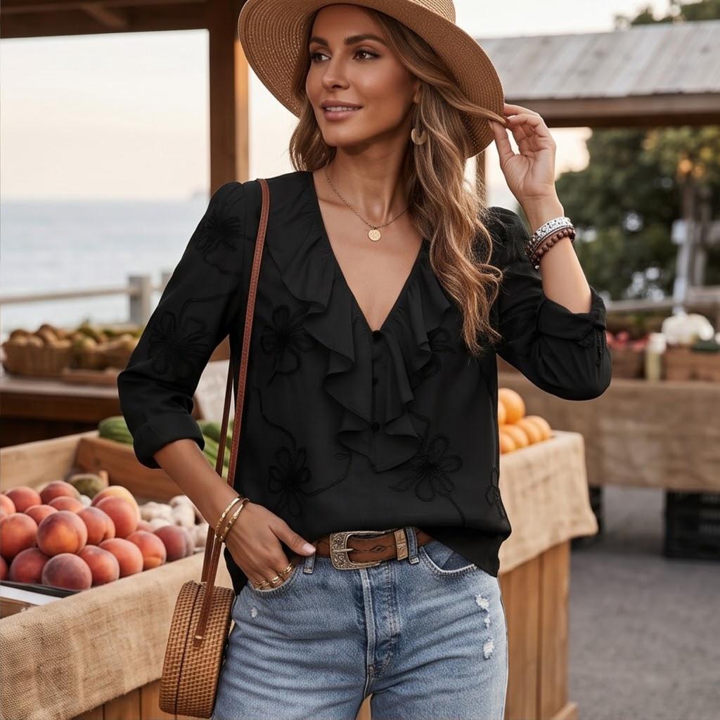 Women's Long Sleeve V-Neck Ruffle Blouse Color Elegant Top