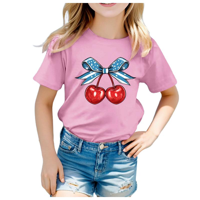 Fruit Cherry Print New Childrens Clothing Style Childrens Shortsleeved Tshirt Printed Round Neck Burst Girls Tshirt
