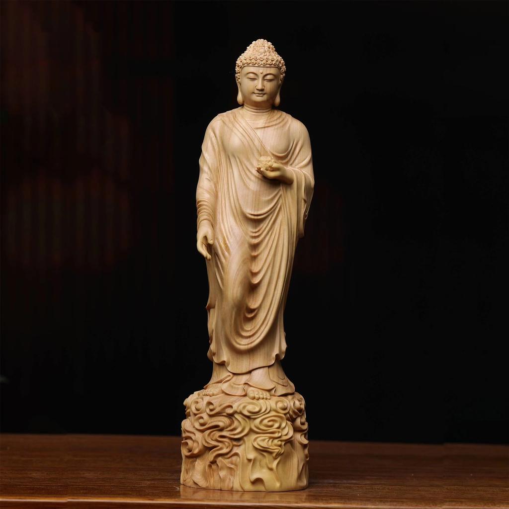Solid Wood Carving Amitabha Buddha Figurine Room Decor Statue Sculpture Art Crafts Ornament Buddhist Supply Home Decoration