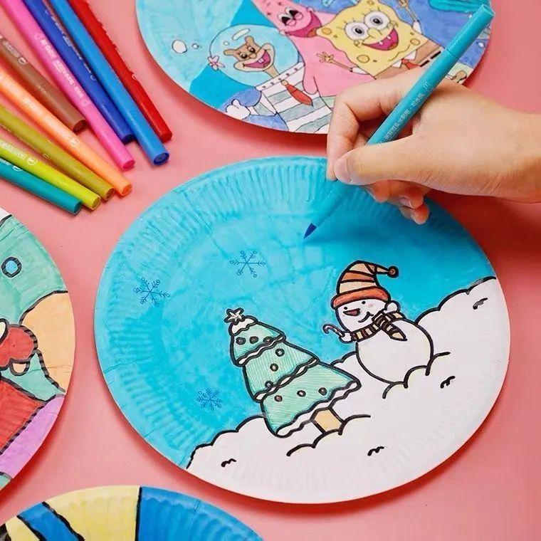 Hand-Painted DIY White Paper Plates for Kindergarten Arts & Crafts