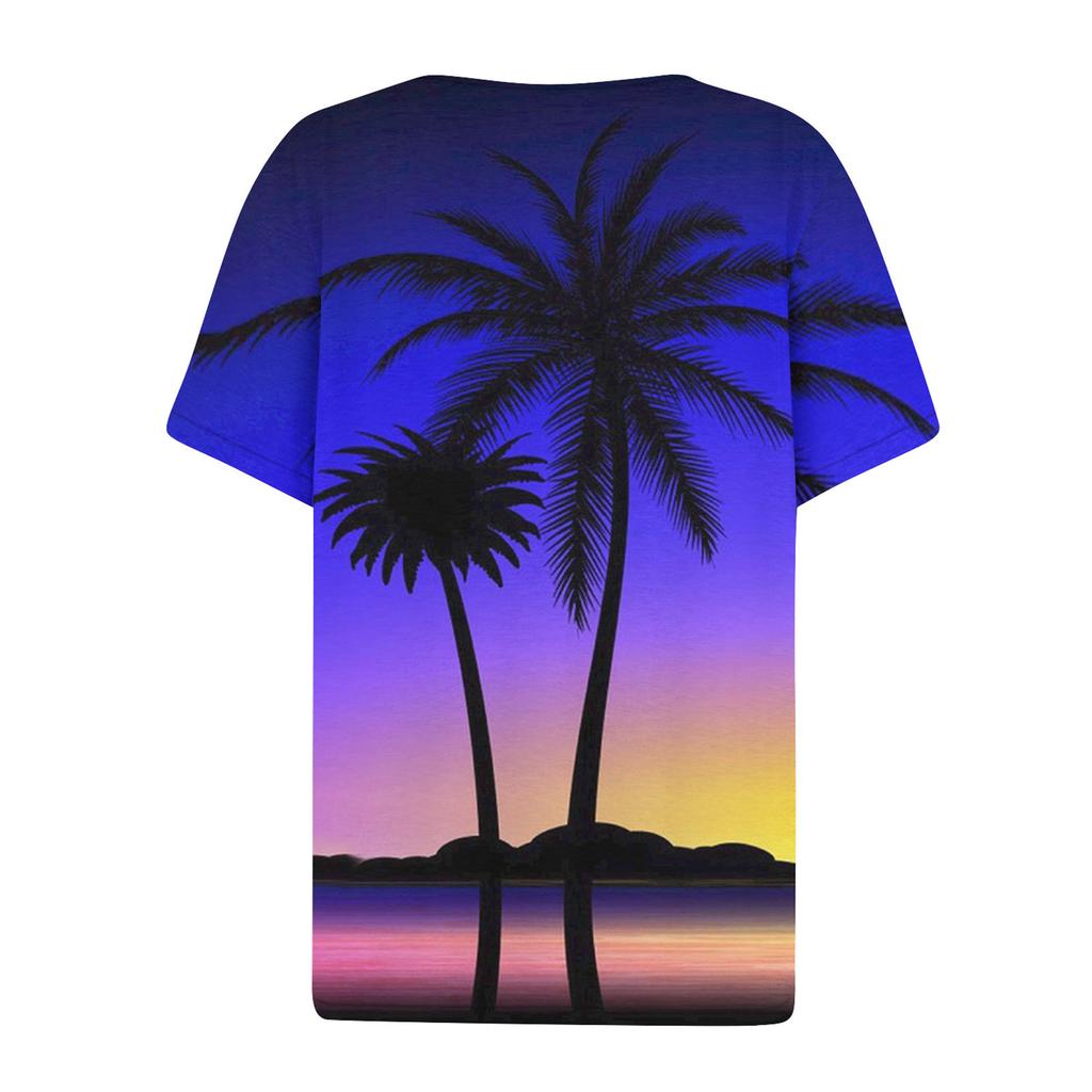 Damen Casual Hawaiianisch Bedrucktes V-Ausschnitt Kurzarm Zierknopf T-Shirt Top