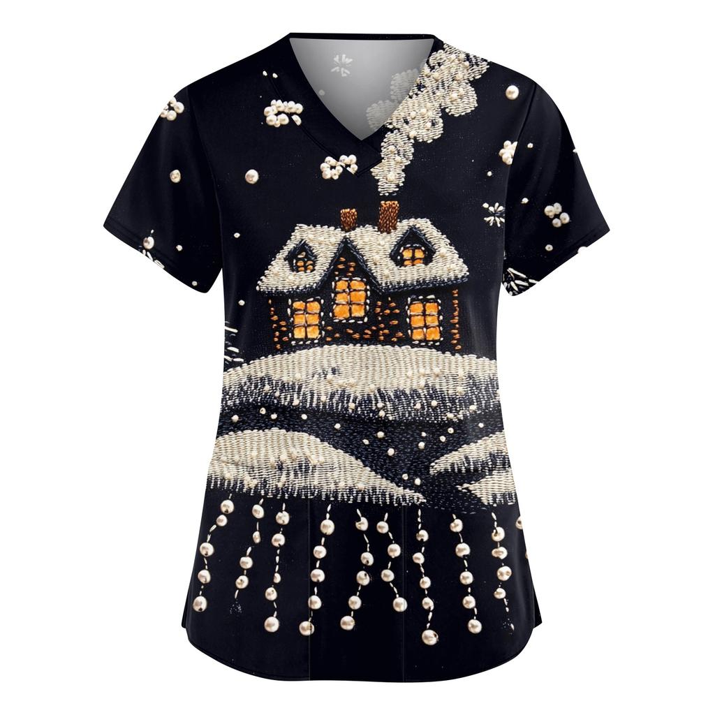 Women's Fashionable V-neck Workwear Christmas Printed Short Sleeved Pocket Side Slit Workwear Basic Pullover Top