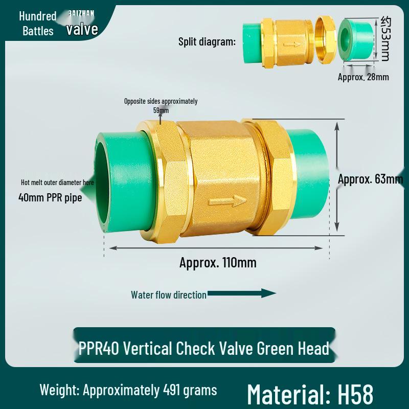 6/4 PPR Hot Melt Full Copper Check Valve, Horizontal/Vertical, 1-Inch Double Union, One-Way Tap Water Pipe Valve.