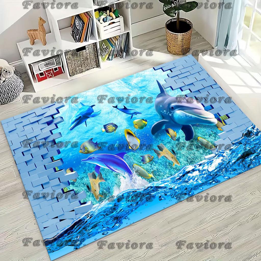 27 Style 3D Illusion Sea Underwater World Dolphin Rug for Bedroom Living Room Sofa Home Doormat Decor, Kids Non-slip Floor Mat