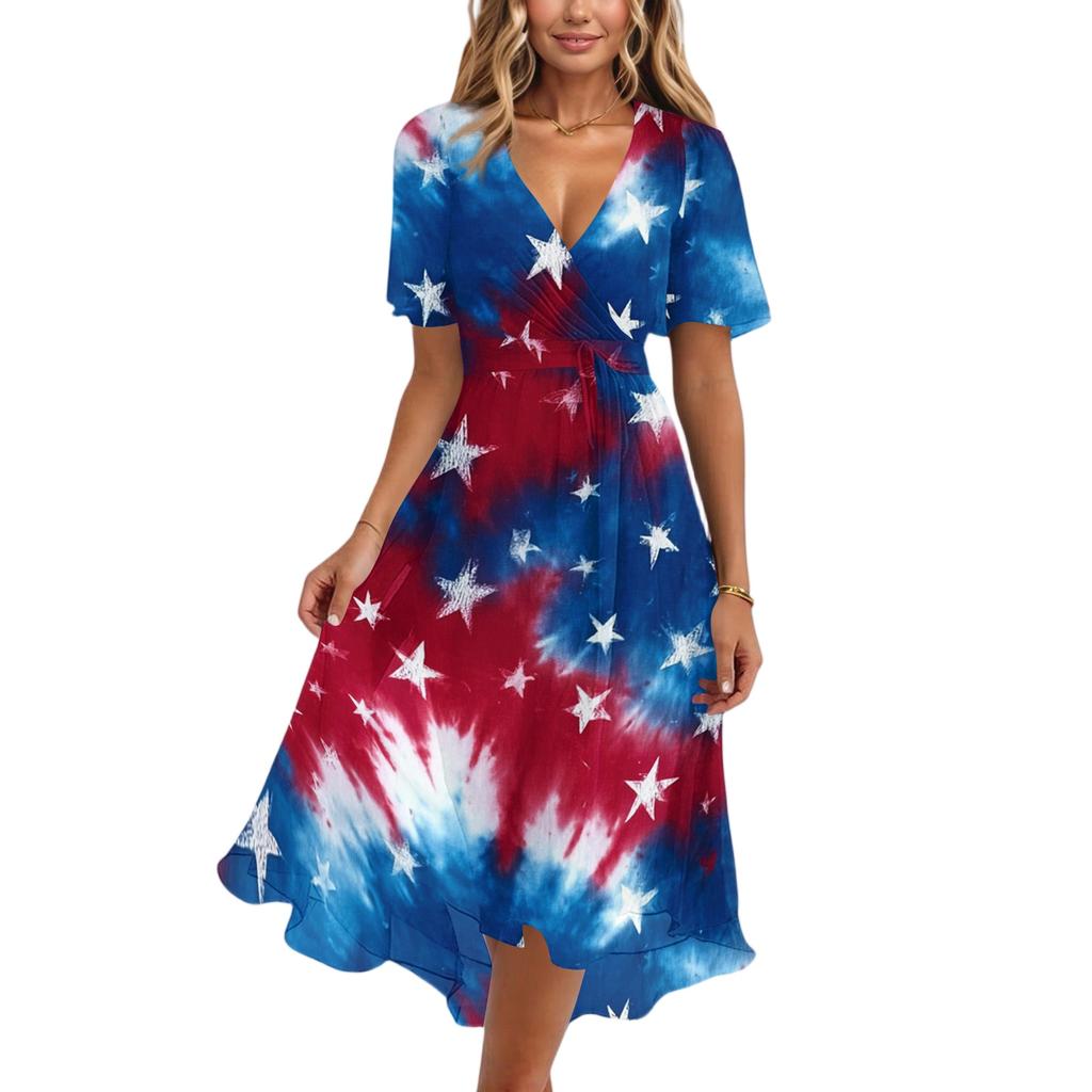 Women's Casual V-Neck Short-Sleeve Independence Day Print Dress