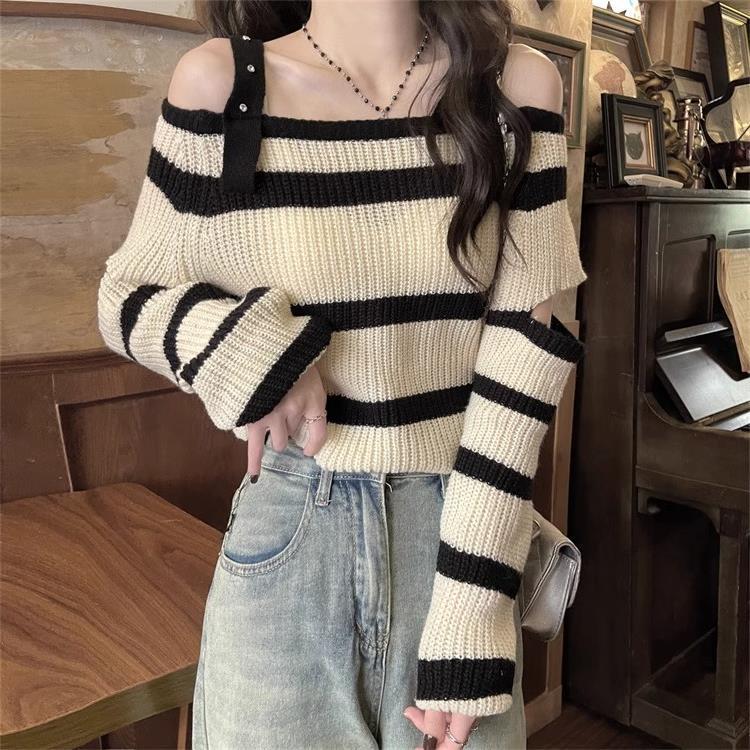2024 Autumn Striped Knitted Top - Women's Sexy Off-Shoulder Short Sweater