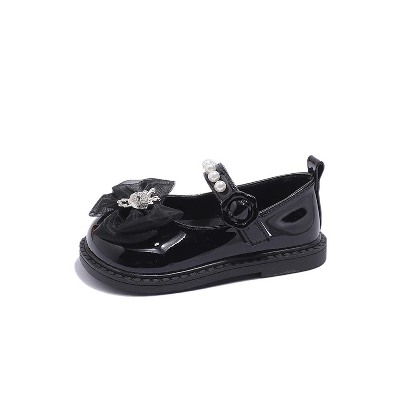 Girls Shoes 2-12 Years Old Beige Cartoon Bow Pearl Girls Baby Mary Jane Shoes Black Soft Bottom Non-slip Children Baby Sandals 23