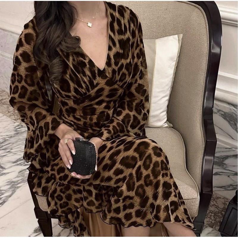 

European American Elegant Sexy Chiffon Leopard Print V-neck Long-sleeved Ball Dress S леопардовый
