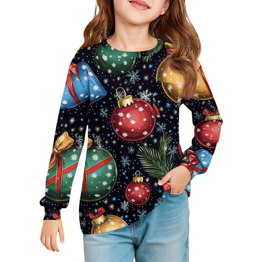 Christmas Day Girls' Long Sleeve Blouse - Round Neck Soft Waist Tunic
