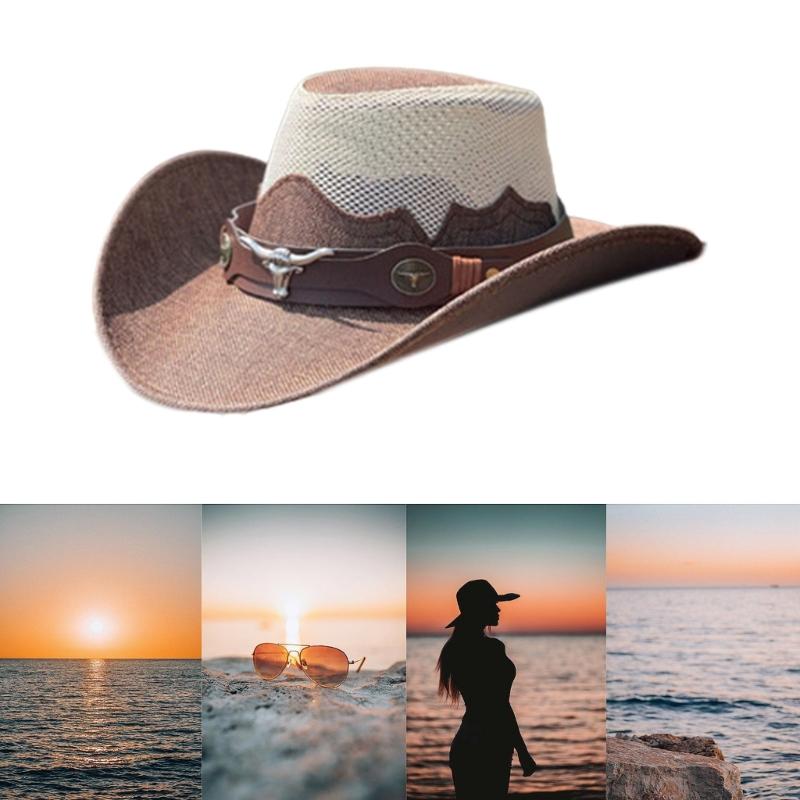 Adult Unisex Cowboy Hat for Travel Outdoor Summer Sun Hat Soft Breathable Mesh Cowgirl Hat Women Men Beach Cap Headwear